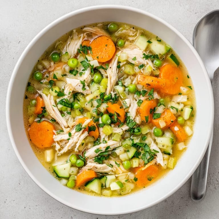 Top-down view of Spring Garden Chicken Soup, featuring vibrant spring vegetables and shreds of chicken in a savory broth.