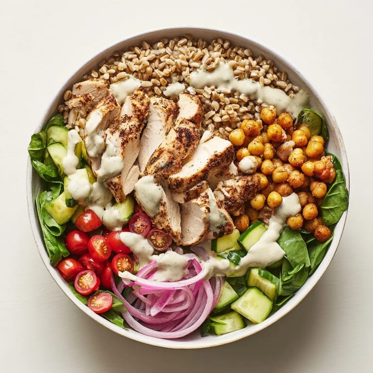 Close-up of a Lemon Tahini Chicken Power Bowl, showing juicy chicken, crisp cucumber, cherry tomatoes, and a drizzle of zesty tahini sauce.