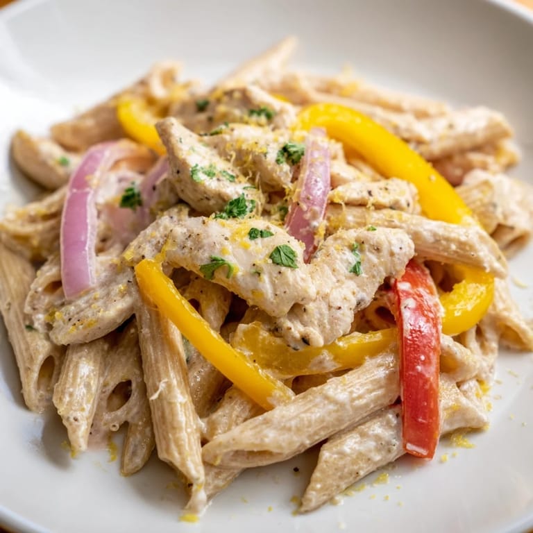 Garnished with fresh parsley and Parmesan, this Creamy Cajun Chicken Pasta Lite is plated with lemon zest and vibrant sautéed peppers.