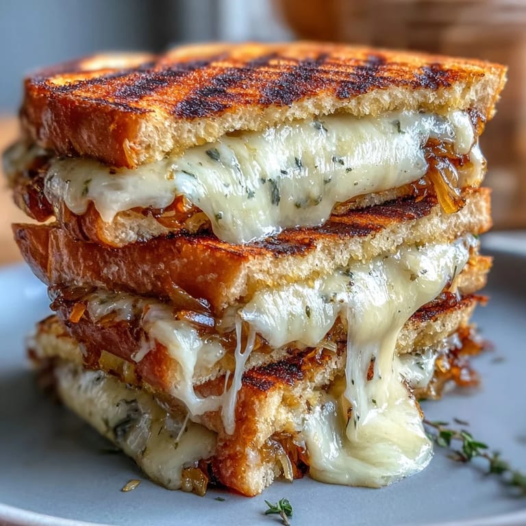 Savor a warm, buttery Havarti & Caramelized Leek Grilled Cheese sandwich, perfectly griddled.