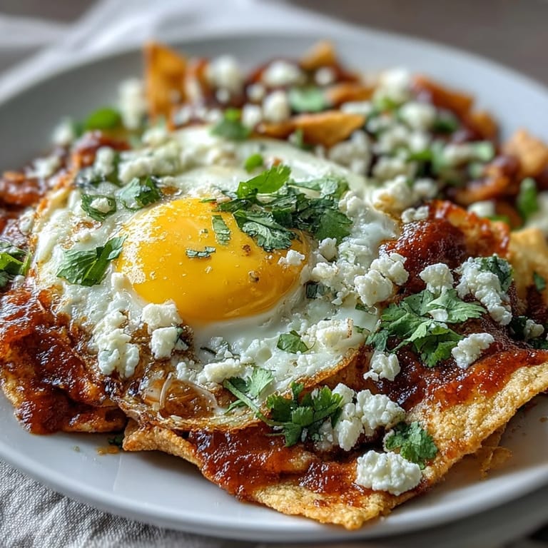 Golden chilaquiles in a skillet, garnished with crumbled queso fresco, sliced red onion, and sour cream drizzle, ready for a colorful brunch spread.