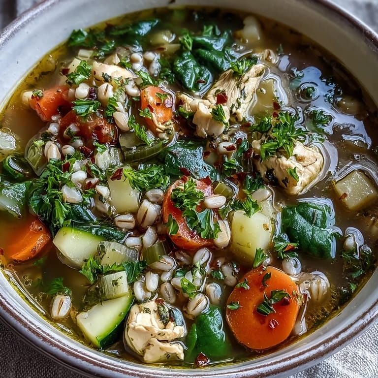 A ladle serving a steaming bowl of soothing turmeric chicken with pearl barley, garnished with fresh parsley for a vibrant, home-cooked meal.
