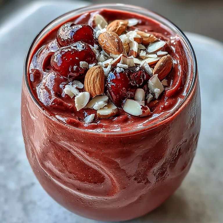 Two glasses of Cherry Almond Smoothie with a rich pink hue, placed on a bright breakfast table.