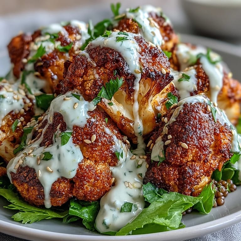 Golden roasted cauliflower florets served over zesty lemon lentils with creamy cumin tahini yogurt sauce.