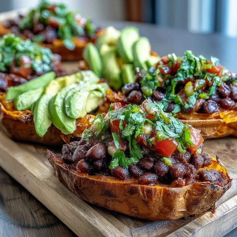Golden roasted sweet potatoes are split open to reveal fluffy flesh, topped with warm chipotle black beans.