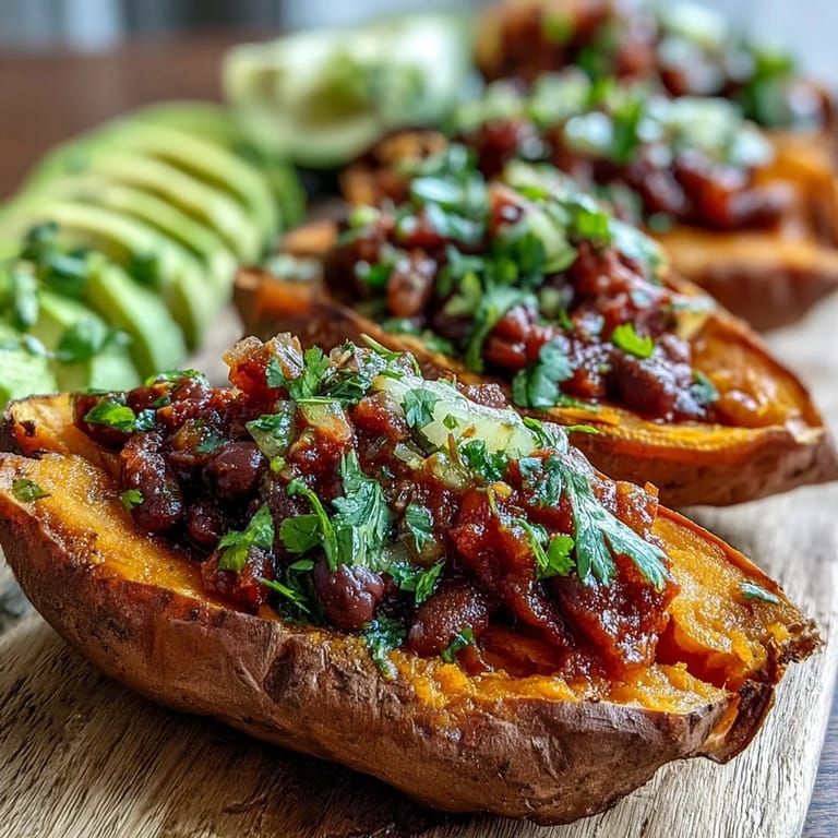 Serve these hearty sweet potatoes with chipotle black beans and tomato salsa, garnished with creamy avocado.