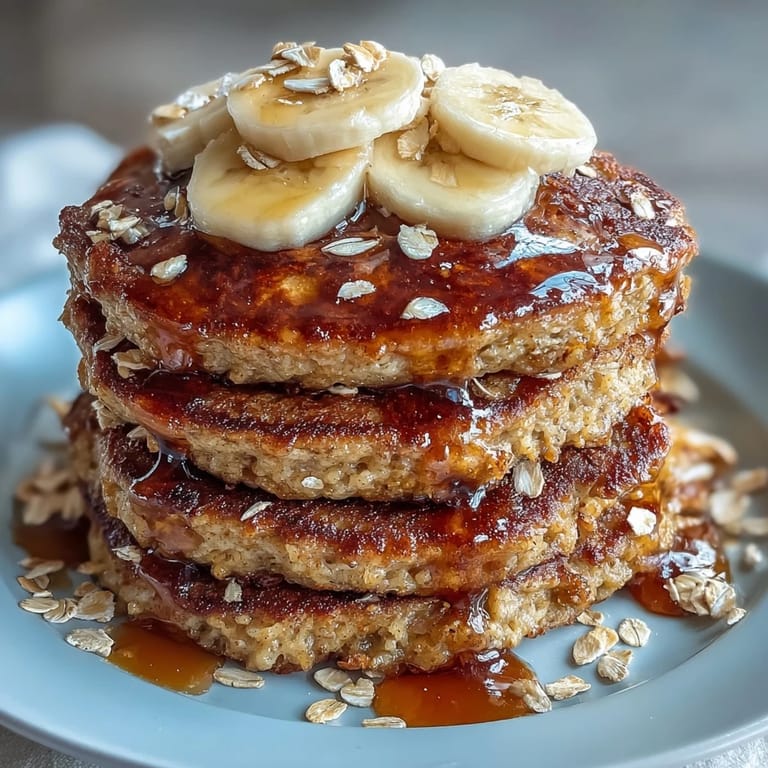 A close-up of fluffy Banana Oat Pancakes on a white plate, with a side of fresh berries and a dollop of yogurt.  