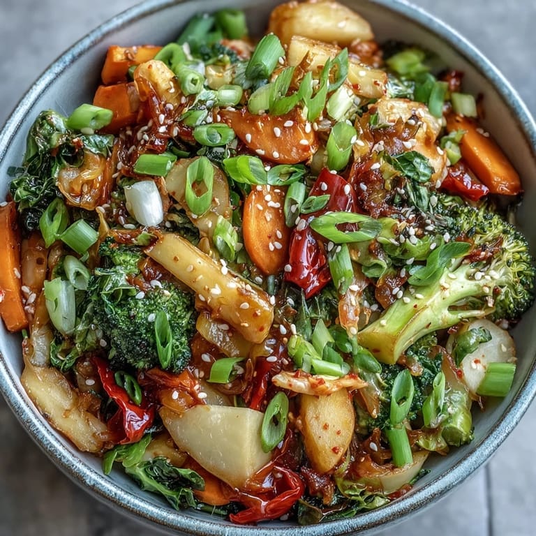 Dinner-ready Comforting Fermented Veggie Winter Stir-Fry served hot in a bowl, garnished with green onions and sesame seeds.