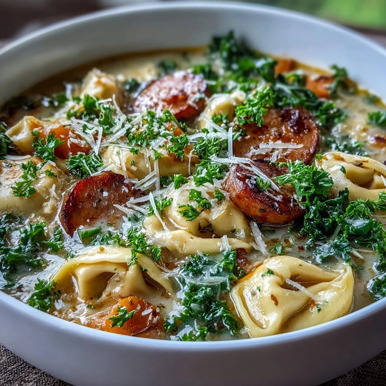 Creamy Pumpkin Tortellini Soup with chicken sausage and kale garnished with parsley and grated Parmesan.