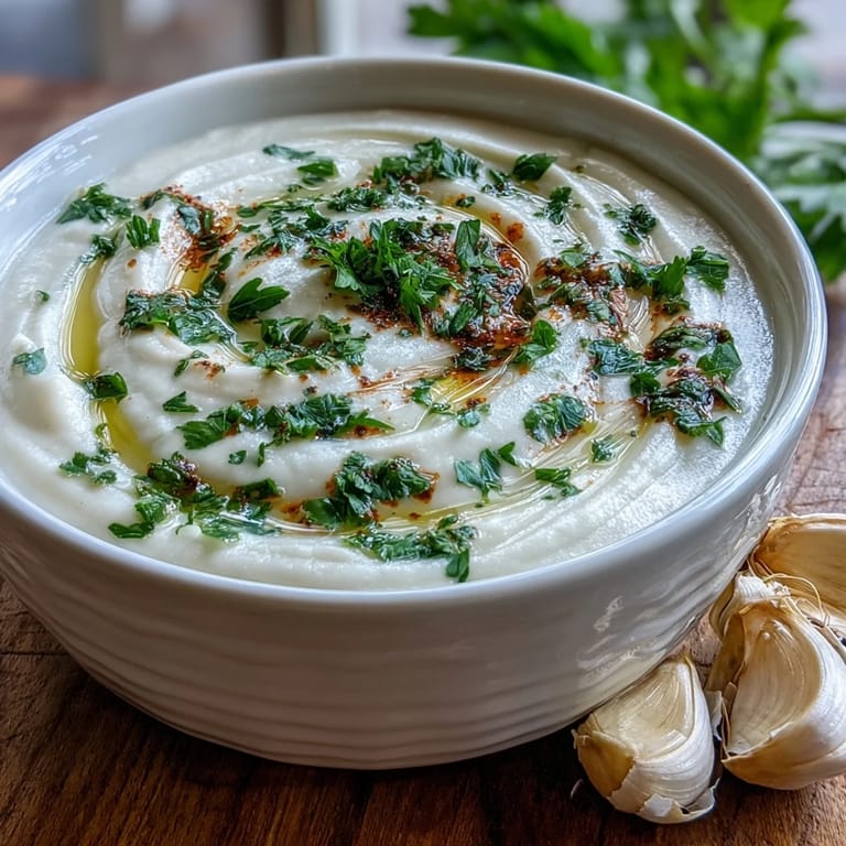 Aromatic roasted garlic soup topped with parsley and gluten-free bread, ready to enjoy.