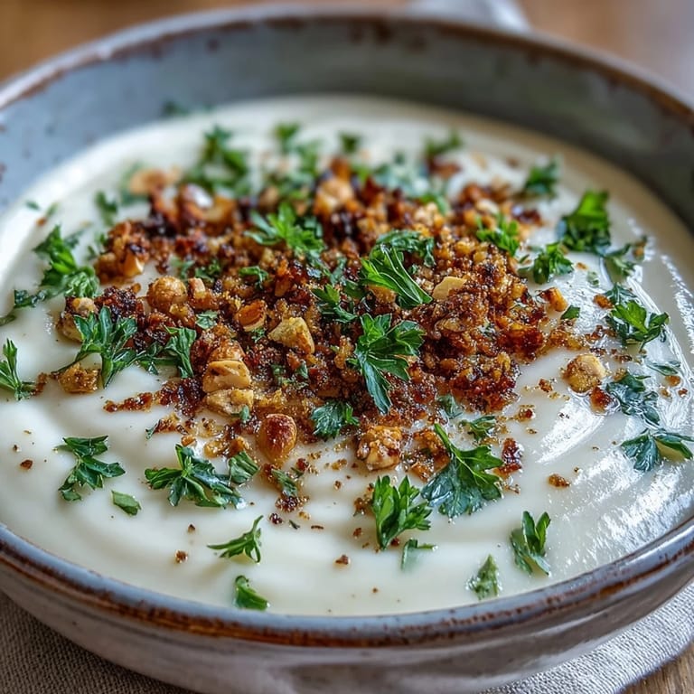 A spoon dips into velvety Celeriac Soup with Hazelnut Crumble, revealing its silky texture beside toasted hazelnuts on a cozy table.