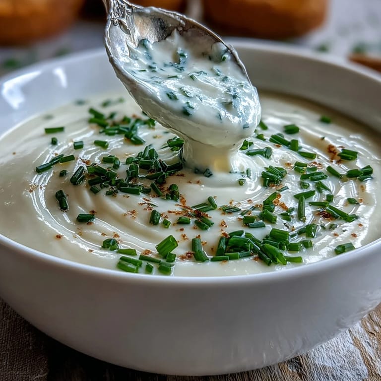 A close-up of the smooth Creamy Celery Root Bisque, showing its rich consistency and a delicate swirl of cream on top.