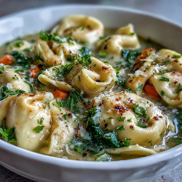 A comforting Easy Tortellini Soup garnished with parsley and Parmesan, ready to serve with crusty bread on the side.