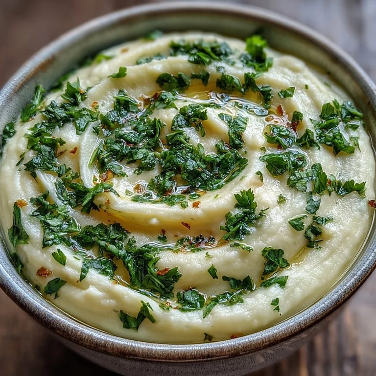 Spoon dipping into smooth parsnip and herb soup with golden roasted parsnips and parsley garnish.