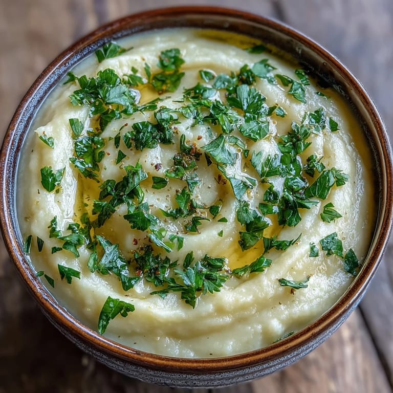 Hearty parsnip and herb soup in a white bowl with crusty bread on the side.