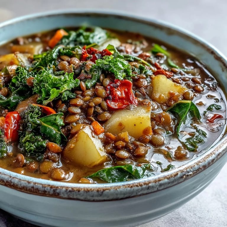 Steaming Vegetarian Lentil Stew served with crusty bread and a sprinkle of paprika.