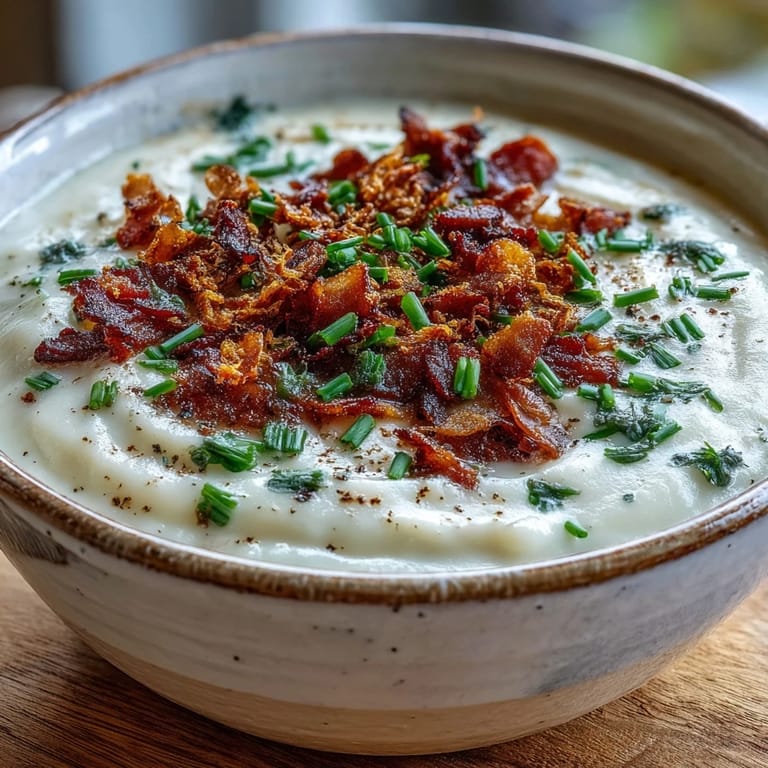 A spoon dipping into velvety Celeriac Soup with Crispy Bacon, served hot with crusty bread on the side.