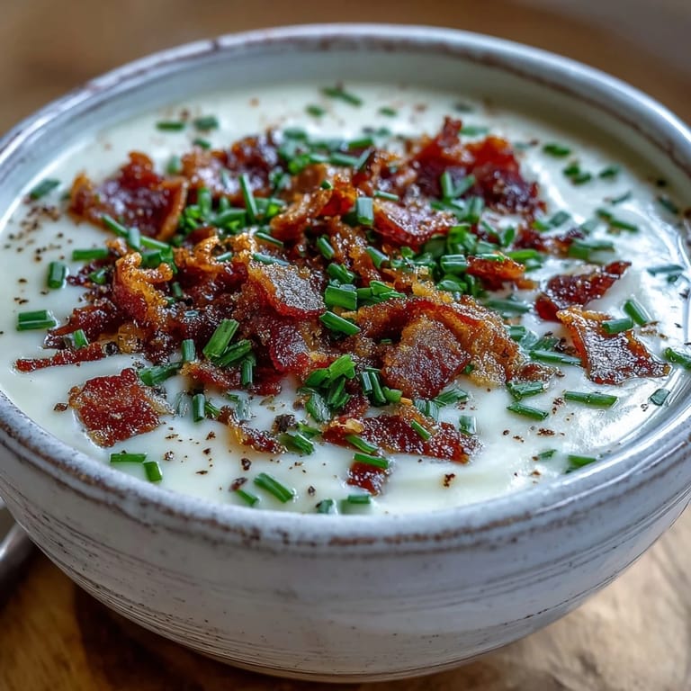 Bowl of Creamy Celeriac Soup with Crispy Bacon, rich and smooth, topped with crunchy bacon for a savory finish.