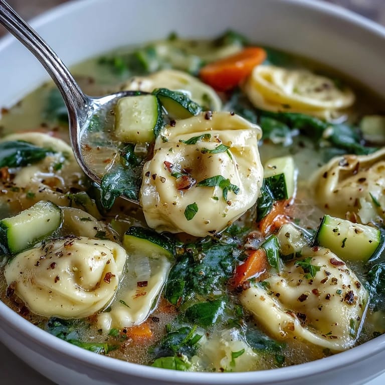A pot of Creamy Vegetable Tortellini Soup with spinach, carrots, and cheese tortellini, ready to be served.