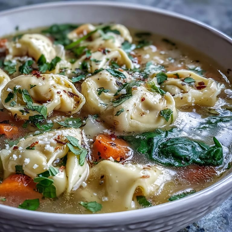 This hearty Easy Tortellini Soup features tender pasta, carrots, and spinach swimming in a rich, creamy broth.