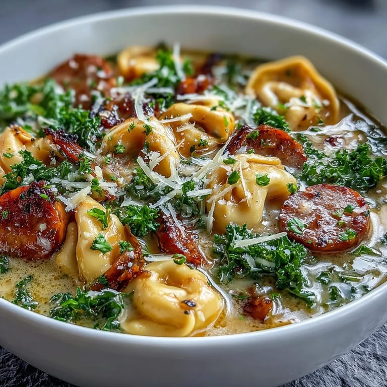 A steaming bowl of Pumpkin Tortellini Soup featuring chicken sausage and kale topped with Parmesan.