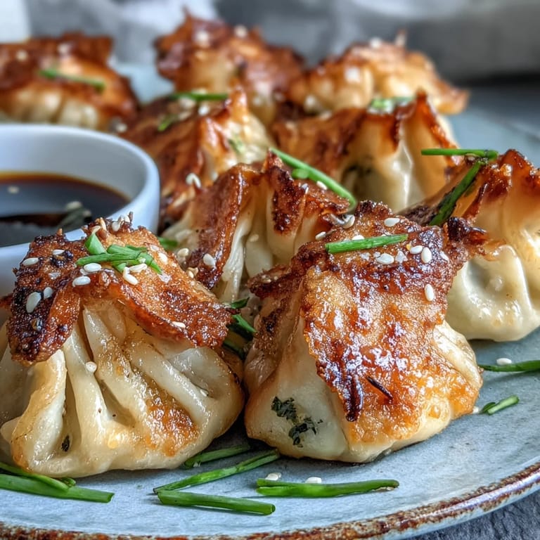 Tender Smash Dumplings are pan-fried to perfection, featuring savory meat and ginger flavors, ready to be enjoyed as a delicious appetizer.