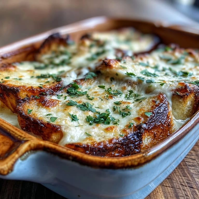 Freshly baked Croque Monsieur Casserole served with a crisp green salad on a rustic table.