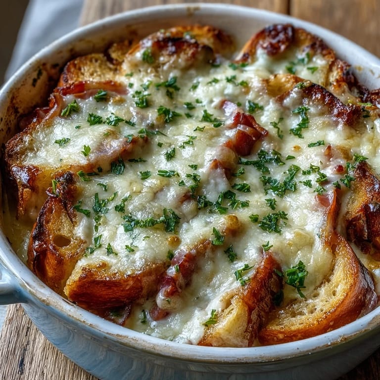 Slices of Croque Monsieur Casserole revealing layers of buttery bread, ham, and rich cheese sauce.