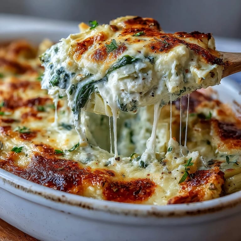 A close-up of rich Spinach Artichoke Dip shows melted cheese and chopped spinach, ready to scoop onto a cracker.