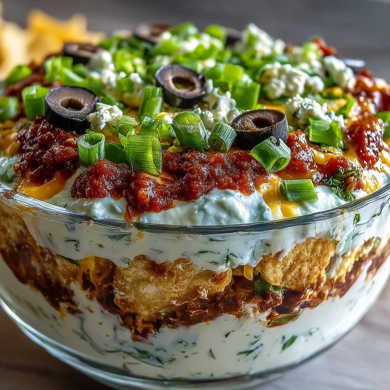 Creamy and zesty 4-Way Layered Dip served with crunchy tortilla chips for dipping.