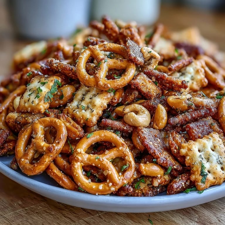 Freshly baked Everything Ranch Cheese and Pretzel Snack Mix with pretzels, cheddar crackers, and cashews on a rustic board.