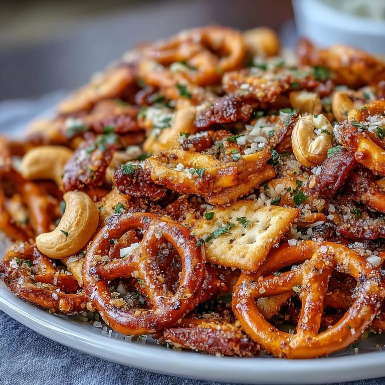 Savory Everything Ranch Cheese and Pretzel Snack Mix served in a ceramic bowl with a cold beer for game day.