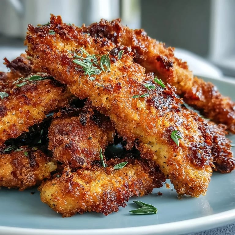 Freshly fried Crispy Turmeric Chicken Tenders stacked high, sprinkled with herbs and served as a party appetizer.