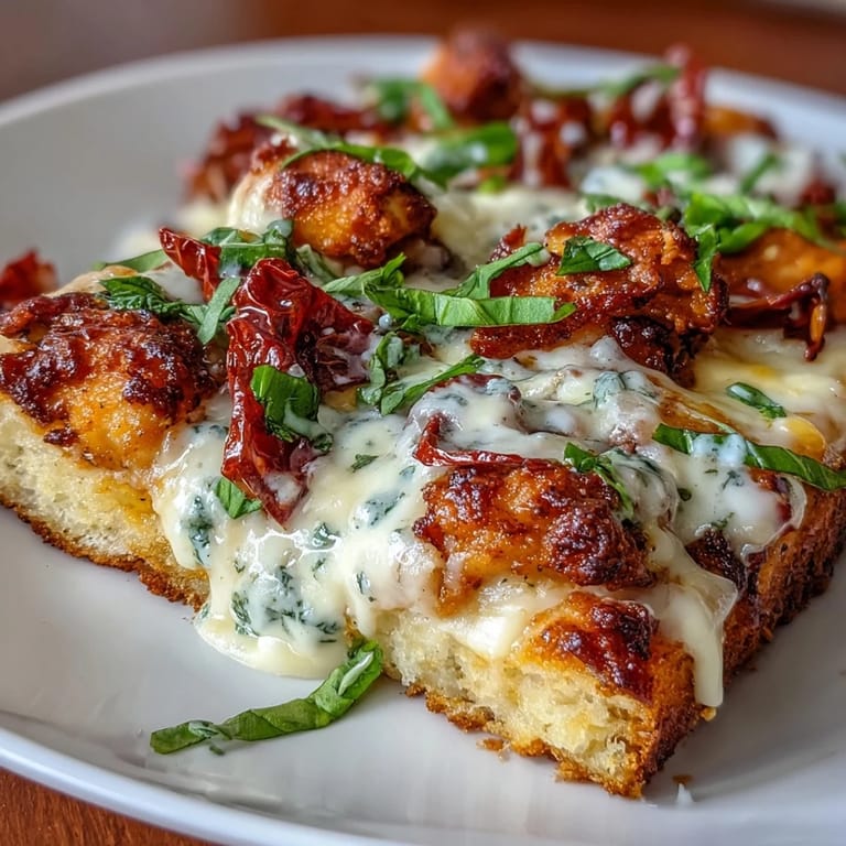Freshly baked Marry Me Chicken Pizza with bubbly mozzarella, savory chicken, and vibrant sun-dried tomatoes on a rustic counter, ideal for dinner.
