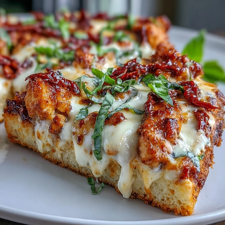 Close-up of Marry Me Chicken Pizza showing creamy, thick sauce and golden crust, topped with torn basil and a drizzle of olive oil.