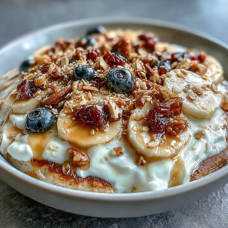 A single-serving Protein Pancake Bowl features a thick oat and banana pancake base piled high with vibrant berries, chopped nuts, and sweet honey.