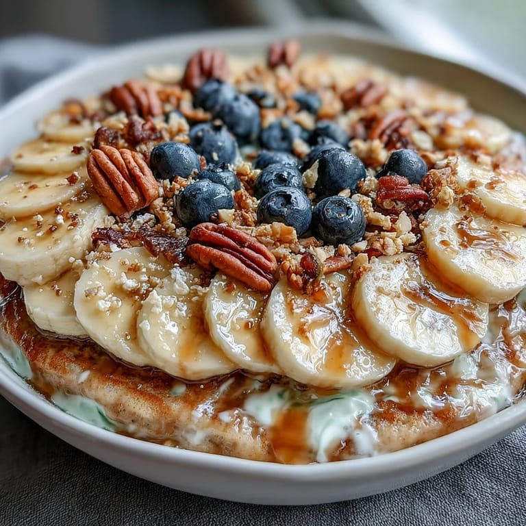 Start your morning with this satisfying Protein Pancake Bowl, combining a warm oatmeal pancake with cool yogurt, fresh fruit, and crunchy toppings.