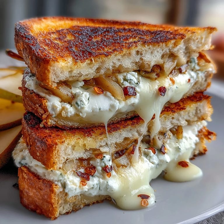 A close-up of a crisp, buttery Goat Cheese Grilled Cheese with Honey & Chili Flakes, served with fresh thyme and a small bowl of honey.