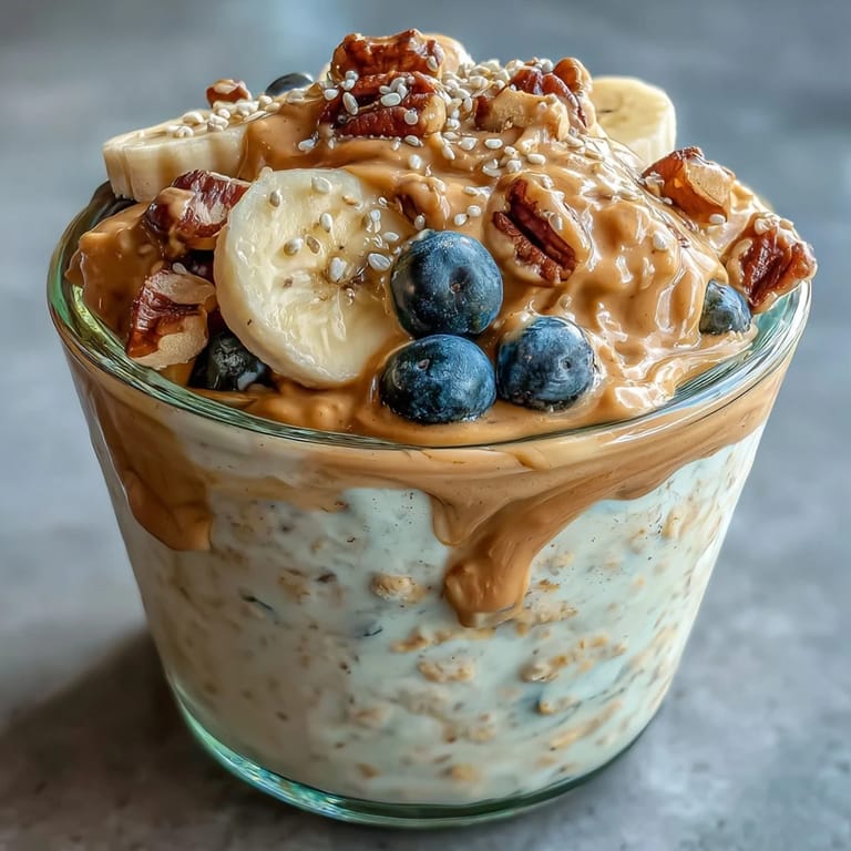 Close-up of velvety High-Protein Peanut Butter Overnight Oats studded with chia seeds and dark chocolate chips.