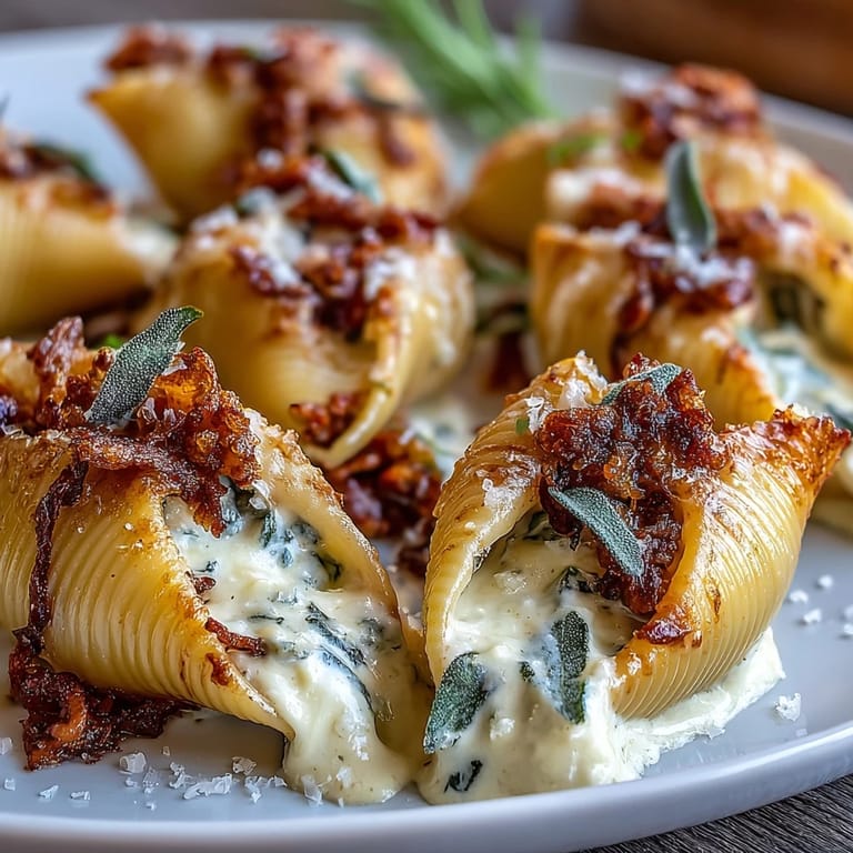 Fresh sage garnishes a baking dish of baked Pumpkin & Gouda Stuffed Shells in a rich, nutty brown butter Alfredo sauce.