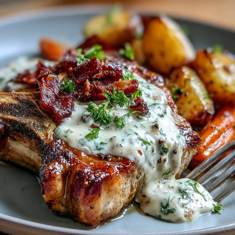 Fork-tender Crockpot Ranch Pork Chops served steaming with creamy ranch gravy over potatoes and carrots.