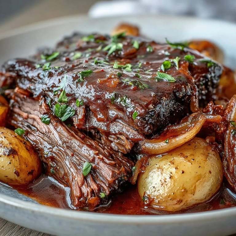 Tender chunks of shredded beef pot roast served over buttered egg noodles with a drizzle of herb gravy.