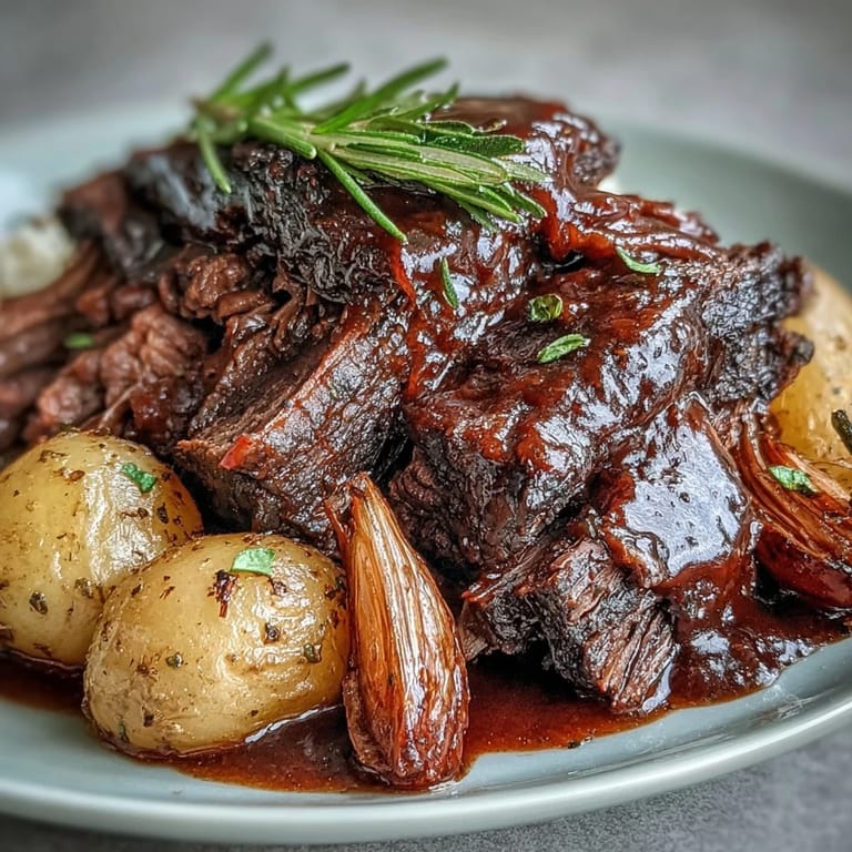 Rustic beef pot roast plated in a Dutch oven, surrounded by soft vegetables and garnished with fresh parsley.