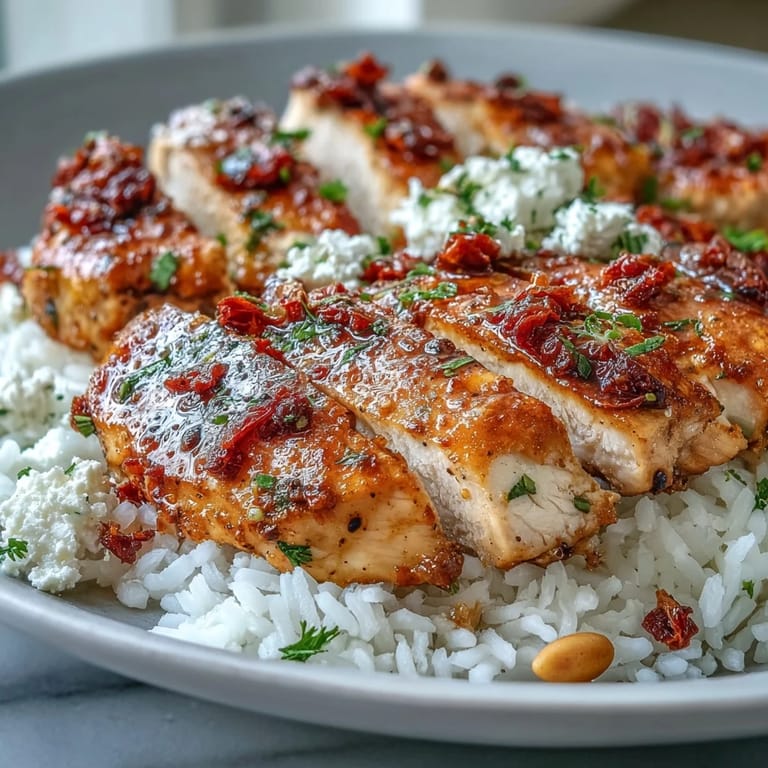 Mediterranean-inspired sun-dried tomato chicken bowl, a wholesome meal with tender chicken, rice, and toppings.