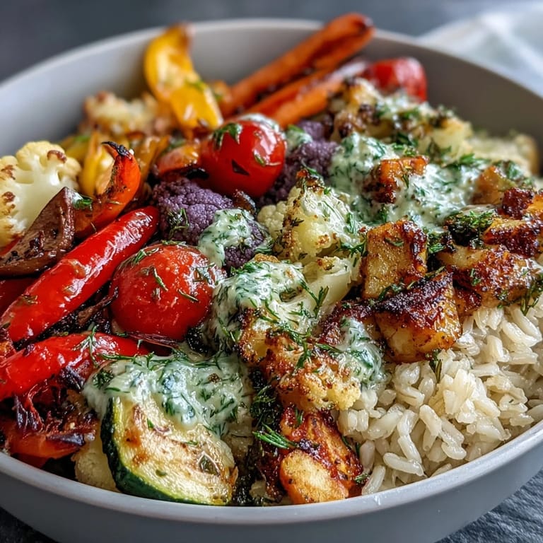 Fluffy brown rice forms the base of a wholesome Rainbow Roasted Vegetable Bowl, generously drizzled with bright green herb sauce.