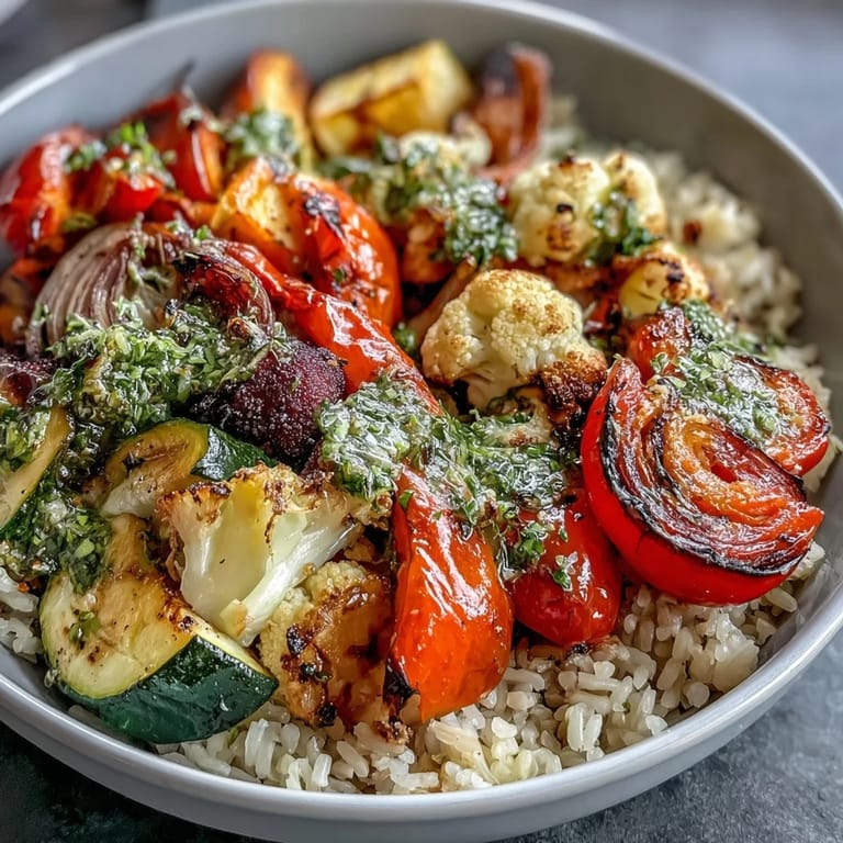Ready to serve Rainbow Roasted Vegetable Bowl featuring zucchini, cauliflower, and carrots, perfect for an easy weeknight vegan dinner.