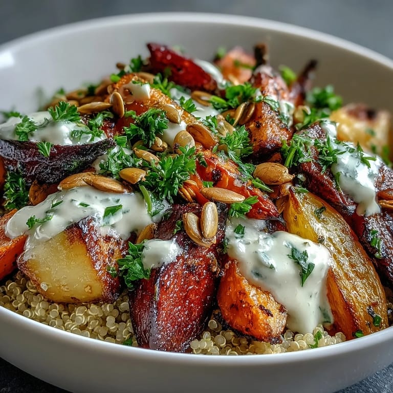 Close-up of caramelized parsnips and turnips in the Roasted Root Vegetable Bowl served on a rustic wooden table.