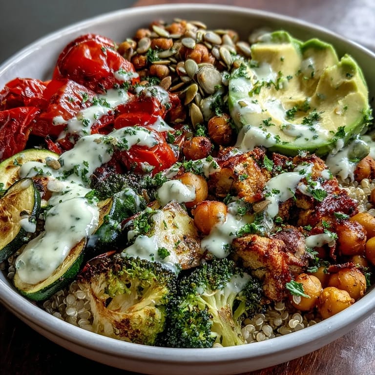 Colorful roasted Vegetable and Legume Bowl in a ceramic dish, drizzled with tahini dressing.
