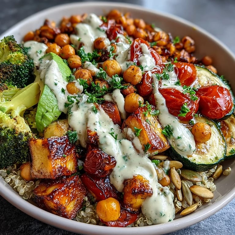 Vibrant Vegetable and Legume Bowl with quinoa, chickpeas, lentils, and fresh parsley garnish.