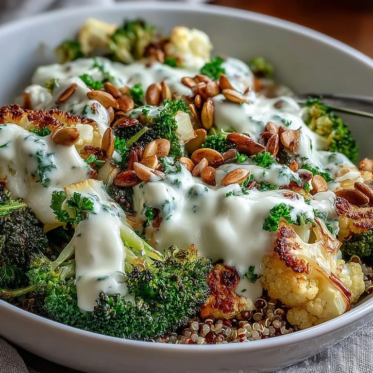 A close-up of a Roasted Brassica Bowl, highlighting charred Brussels sprouts and broccoli over grains, garnished with fresh parsley.